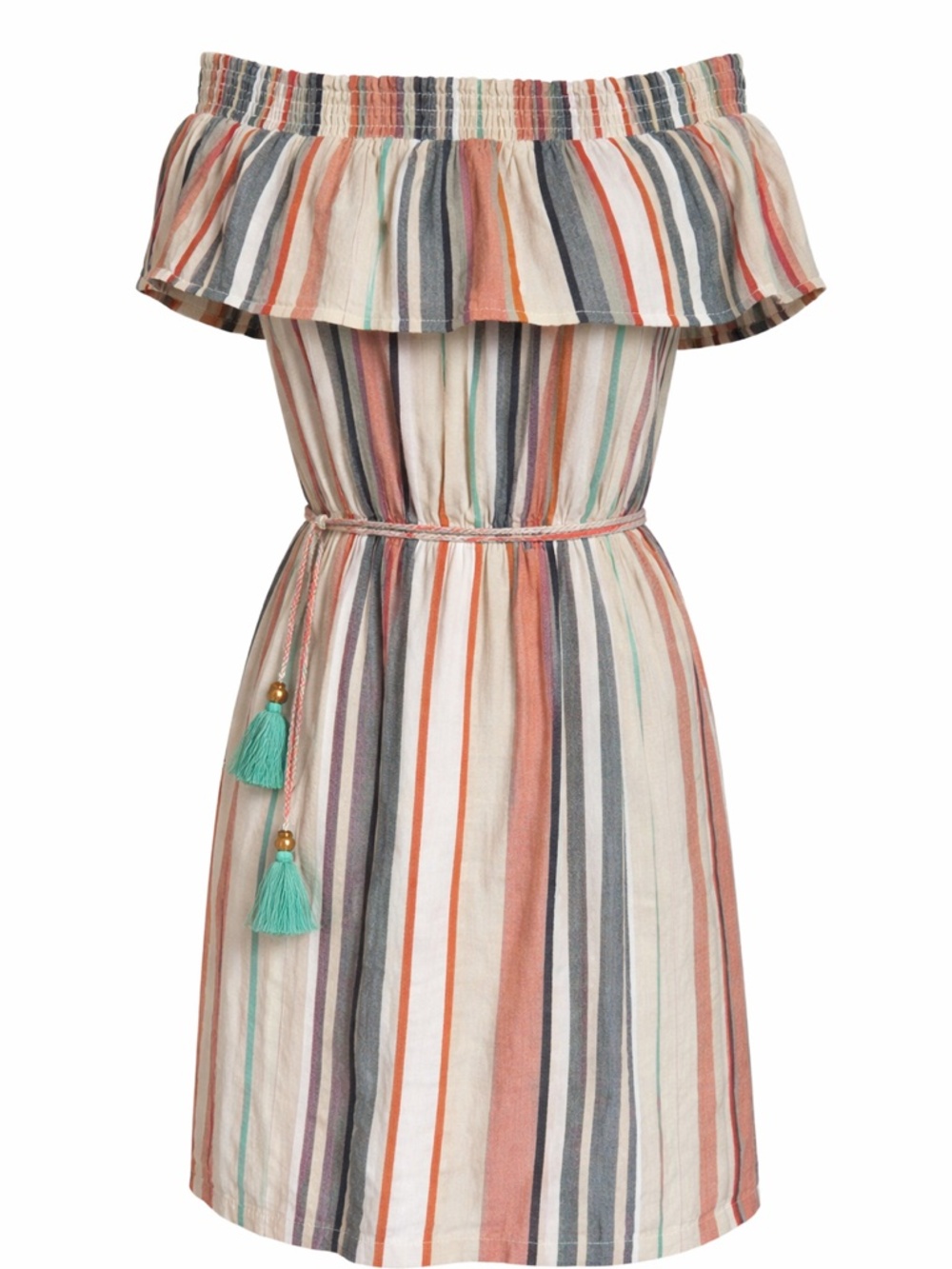 THML Boho Striped Off Shoulder Tassel Belt Dress Small Resort Summer